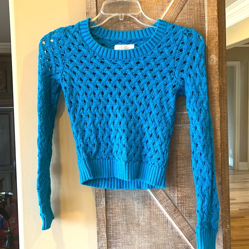 Justice Sweater Bright Blue Sparkly Cotton Long Sleeve Girls 10 Turquoise